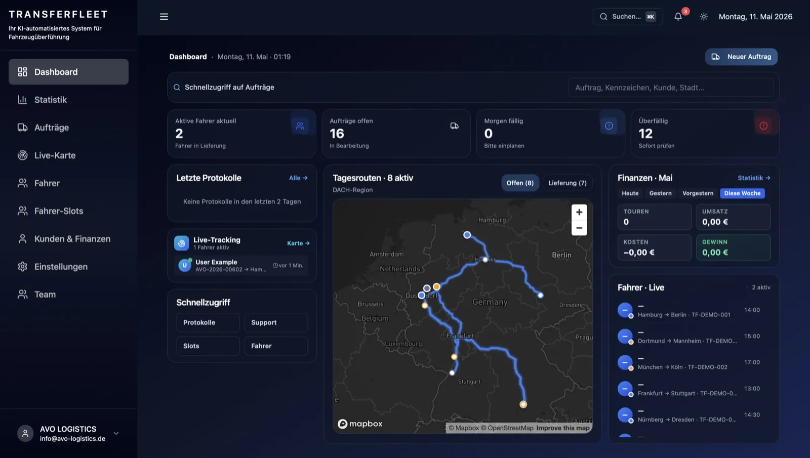 TransferFleet Disposition: Dashboard mit Live-Karte, Tagesrouten, offenen Aufträgen und Fahrern